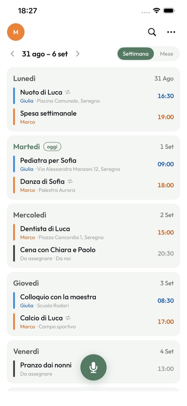 La settimana della famiglia in Nido: gli impegni con il colore di ogni persona, l'orario e il luogo.