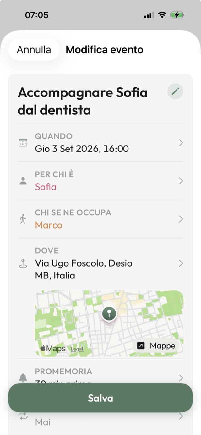 L'appuntamento creato dalla frase detta: Accompagnare Sofia dal dentista, giovedì alle 16, per Sofia, se ne occupa Marco, con l'indirizzo e la mappa.