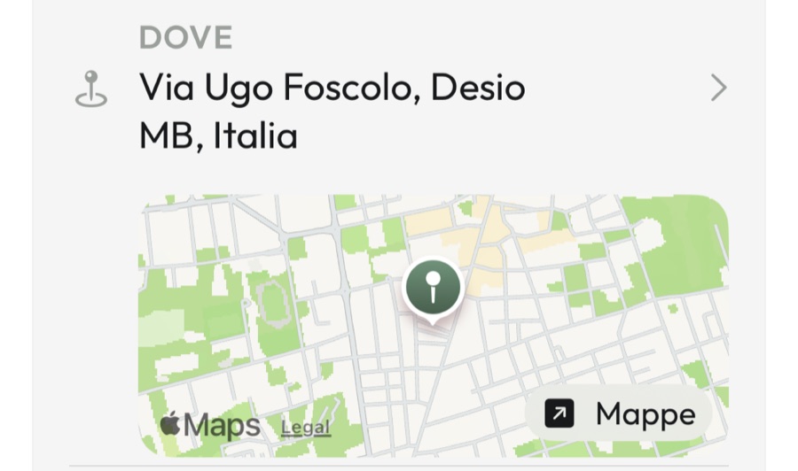 Il luogo dell'appuntamento con la mappa e il pulsante che apre Mappe.